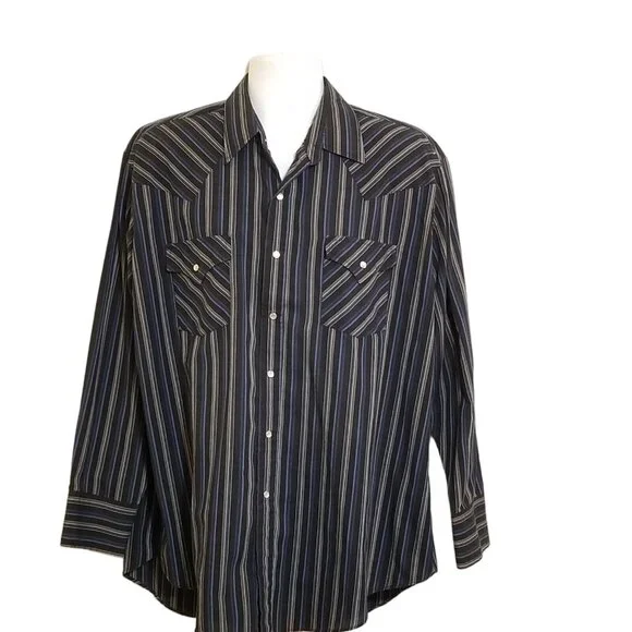 Plains Vintage Western Wear Shirt Mens XL Pearl Snap Black Blue Stripe LS - Picture 3 of 11